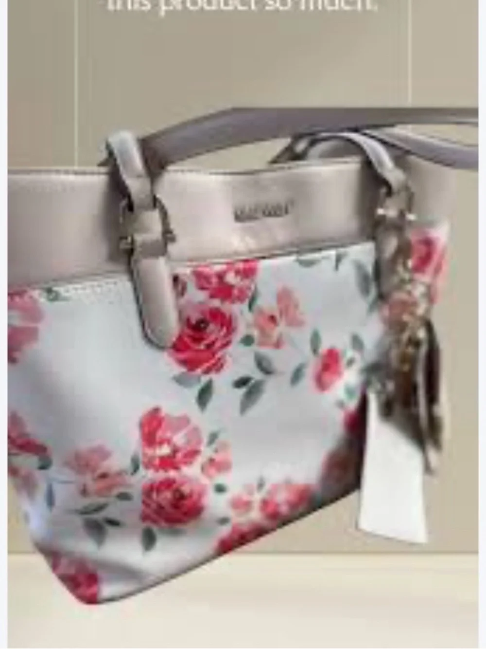 Nine West White Floral Tote Purse Bag Pink Roses Attached Keyring Card Holder